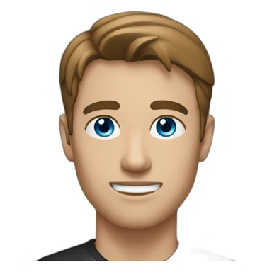 man with gray blue eyes, brown hair, black shirt sticker