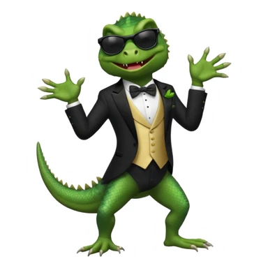 capitalist iguana banker in tuxedo and black sunglasses dancing crazy sticker