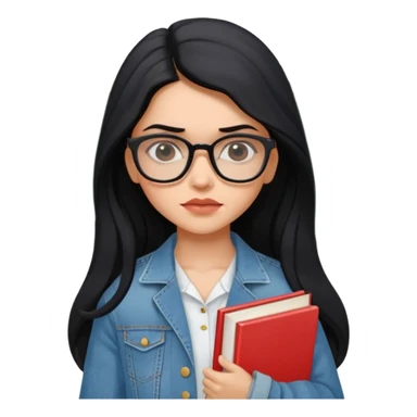 generate a pretty bratz emoji 
Make her wear a white dress with a denim jacket over it.long  black hair in a side part. Holding books

She should look exactly  like Deepika padukone! wearing tiny rectangular spectacle, looking sad sticker