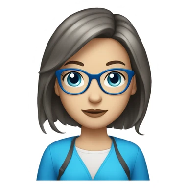 white brunette teen with blue glasses and blue eyes, bob-hair and macbook sticker