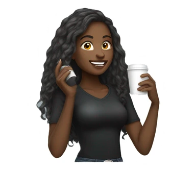 African American female with long hair talking on cellphone and holding a coffee wearing black shirt and jeans full length  sticker