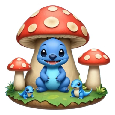 Stitch from lilo and stitch in a mushroom land with dinosaurs  sticker