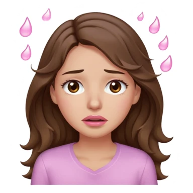 girl with wavy long brown hair, brown eyes, light to medium complexion, long lashes, light pink lipstick, wearing light pink shirt, weeping big big tears sticker