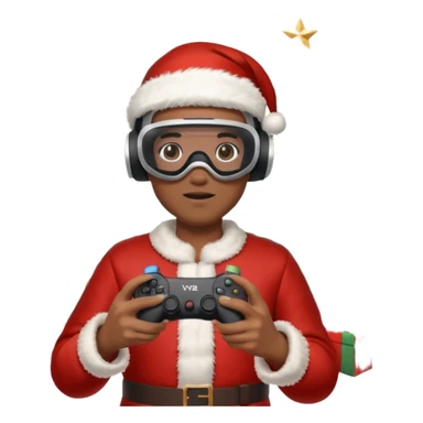 Homme photographe noir, week-end détente, équipé d’un appareil photo pro. Dans un décor Noël chaleureux, Père Noël à côté, sapin illuminé, lumières douces. L’homme porte un casque VR autour du cou ou sur la tête, et une manette PS 2025 dans la main libre. Ambiance festive, réaliste, couleurs nettes sticker