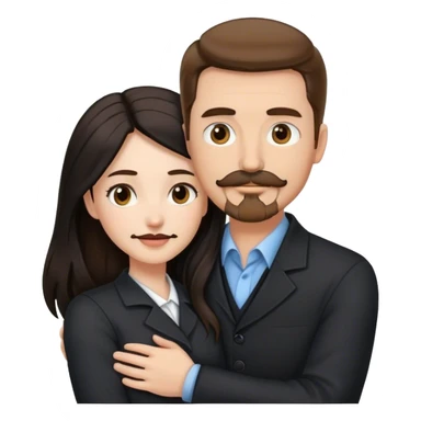 tall white man with brown hair goatee mustache hugging a pale woman with long black hair, wearing professional clothing sticker