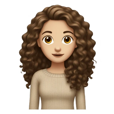 A white girl with long dark brown curly hair and a brown jumper sticker