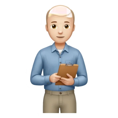 man mid 30's shirt and trousers balding hairline standing holding a clipboard sticker