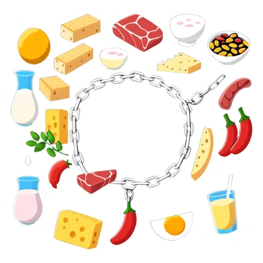 Close up of vibrant protein foods (meat, egg, beans, tofu, yogurt) connected in a chain or cluster, glowing and unified, floating together in a warm light. sticker