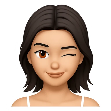 Edit the female face with short dark hair, center part, brown eyes in Apple emoji style with a 3D look and soft shading. Create a winking expression. Transparent background. sticker