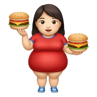 n create a humongous asian girl with 2 burgers and a cookie in her mouth, she is super obese, please make her a full body emoji sticker