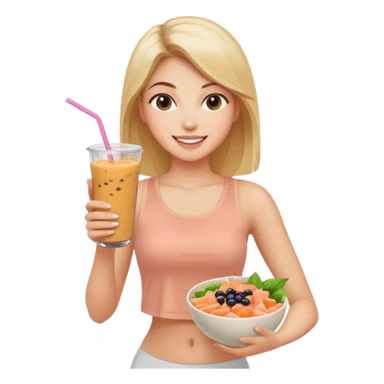a young woman in a beige top and leggings and white sneakers with a passion fruit smoothie in one hand and a salmon poke bowl in the other hand sticker