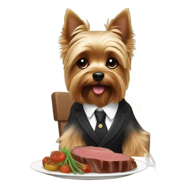 Yorkie eating steak at a dinner table sticker