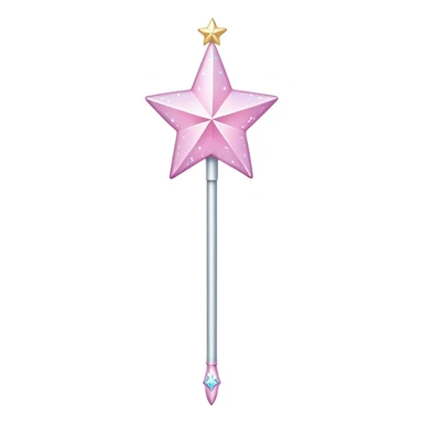 a long, slender stick, often depicted in a shimmering silver , At the top, it features a large, star-shaped tip that sparkles with pastel colors like pink, The wand has whimsical designs with  glittering accents sticker