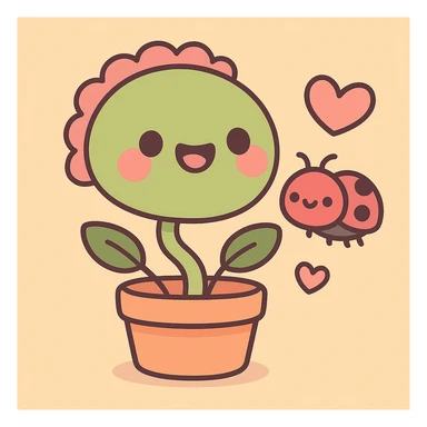 Add a small kawaii bug friend with a heart near the Venus flytrap, preserving the soft pastel style with gentle hues and a cute atmosphere. sticker