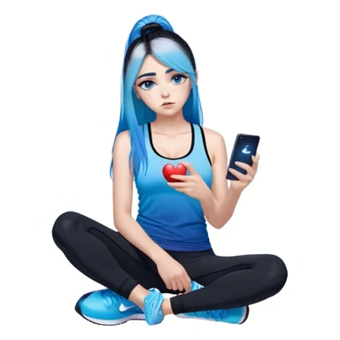 Heart broken and disappointed-very very very very large chest-texting on a samsung cell phone-very long straight flowing black to sky blue hair ombre-blue eyes-black eyeliner-long eyelashes-iridescent sky blue very low cut tank top with sparkling middle finger logo-black leggings-nike sneakers sticker