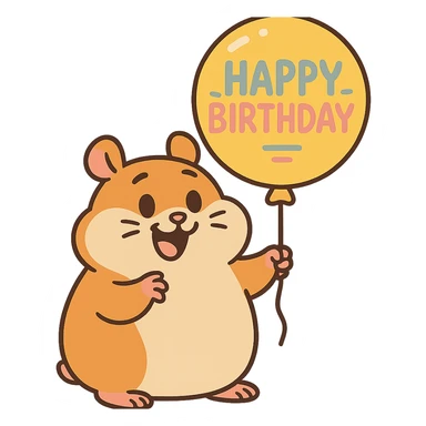 hamster holding a colorful balloon with 'Happy Birthday' text, pastel-toon style sticker