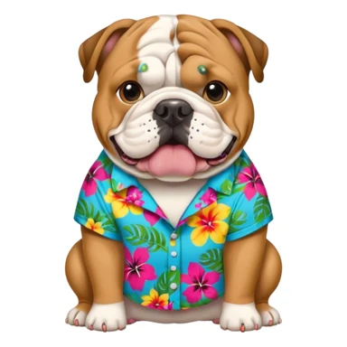 english bulldog wearing a colorful Hawaiian shirt and a dog tag that says 'chompers', emoji style sticker