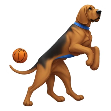 A bloodhound with a blue and orange cape spinning a basketball on its paw! sticker