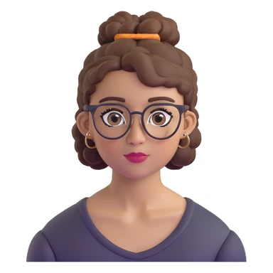 23-year-old girl with square thin glasses, brown curly hair in a high bun, big eyes and lashes, small nose and mouth, thin hoop nose piercing sticker