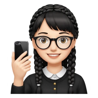She's wearing black braided, full bangs and glasses and taking a mirror selfie with a white iPhone sticker