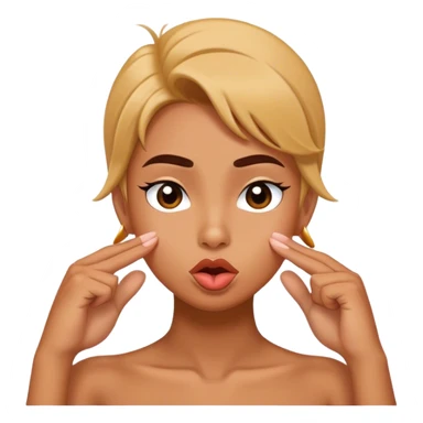 pushing hair behind one ear and making duck lips sticker