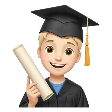 A happy boy wearing a graduation cap, holding a rolled-up diploma in his right hand, smiling with excitement. The scene is bright and celebratory, with a soft background that enhances the joyful moment. sticker
