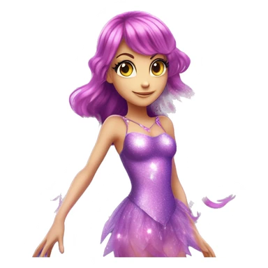 Tecna adult fairy of technology her enchantix fairy purple sparkling two-piece clothing and fairy enchantix wings and long dark pink hair in from winx club. Lots of sparkles and fairydust. Full body pic and full fairy bliss sticker