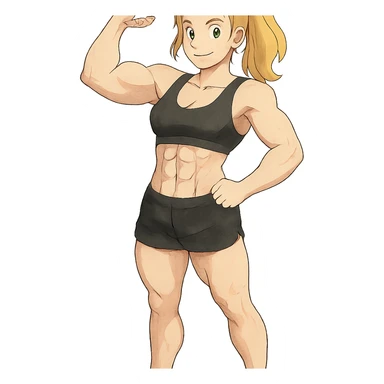 full body pose of a muscular white girl with blonde hair and green eyes, flexing 6 pack abs and one arm bicep sticker