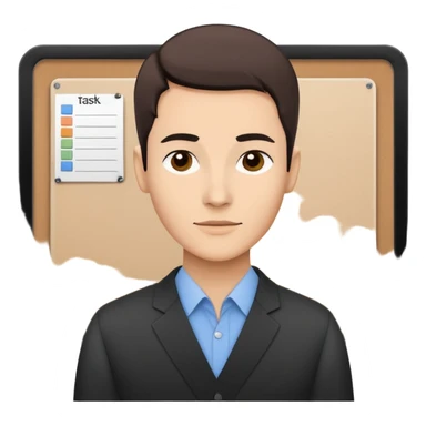 Minimalistic flat vector icon, iOS style, thin black contour on white background. Person silhouette with a project board (kanban/task board) behind. No text, no shadows.
 sticker