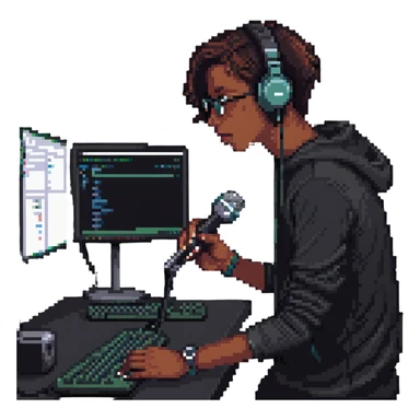 YouTube channel creator with a microphone and computer setup sticker