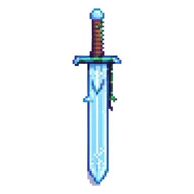 Pixel art sword with snow dragon theme, frosty effects, blue and white color palette, retro game style sticker