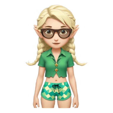 elf female legolas portrait, patterned board shorts (geometric/abstract), unique wooden-framed sunglasses, undercut hairstyle, slight smirk, visible pointy ears, no background, centered emoji, hipster summer vibe coctails sticker