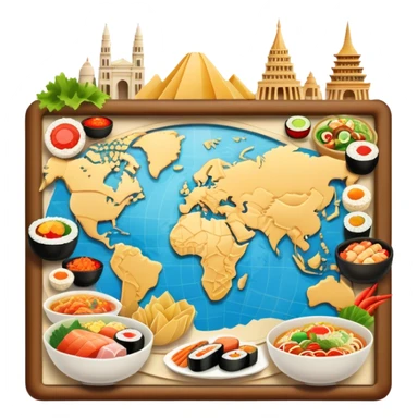 Icon for Culinary Tourism: a map with various national dishes from around the world, like sushi, pasta, and tacos, surrounded by iconic landmarks. The icon should represent the joy of exploring different cuisines during travel. Transparent background. sticker
