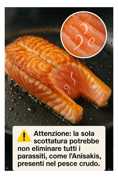 a close-up of a salmon fillet being lightly seared in a hot pan, with the outer layer cooked but the inside still raw. An inset magnifies the interior, showing visible Anisakis parasites surviving in the uncooked portion. A warning icon and educational text explain that searing alone may not eliminate all parasites. in italiano sticker