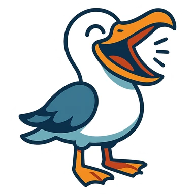 a seagull with its beak wide open, laughing, cartoon style, vibrant toon style sticker