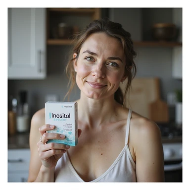 lifestyle photo of a woman with PCOS in kitchen, holding a box of inositol near a glass of water, face with acne and facial hair, thin hair, serene expression, natural light sticker