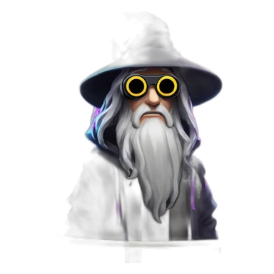 Gandalf wearing a black hoodie with "OMG" letters on it and VR headset in a cyberpunk VR environment with violet neon lighting. sticker