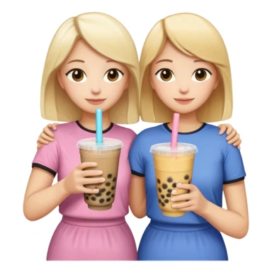 two friends, one blonde and one brunette, standing with their backs, hugging each other with one hand and holding bubble tea with the other, emoji style sticker