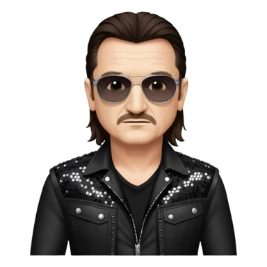 Bono with long dark brown hair, black sequin tour outfit sticker