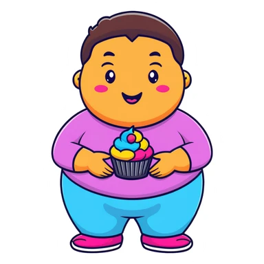 Extremely obese African American cartoon character with a very round face, smiling happily while holding colorful cupcakes sticker