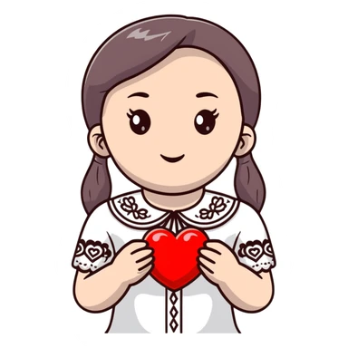Beautiful young girl in a white Ukrainian embroidered shirt holds a large embroidered heart in her hands sticker
