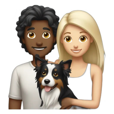 Family formed by a White man with a border collie black and with and a White woman with long black hair and a small yorkshire terrier dog sticker