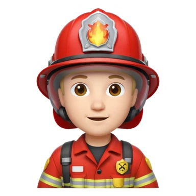 3D cartoon-style firefighter in the Apple emoji style, wearing a bright red fireproof uniform and matching helmet sticker