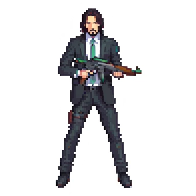 John Wick character with black suit, long dark hair, holding a gun sticker