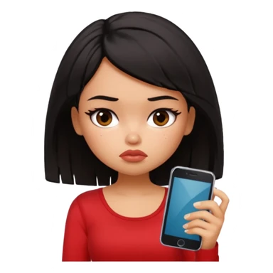 generate a pretty bratz girl with short black mess hair, looking tired and using her phone sticker