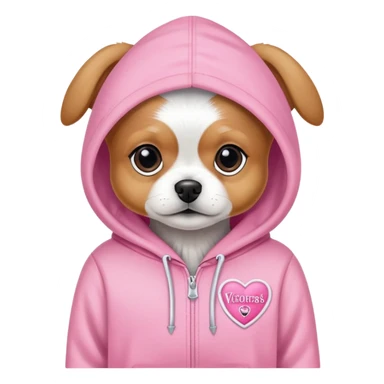 small dog wearing Victoria's Secret pink hoodie with logo sticker