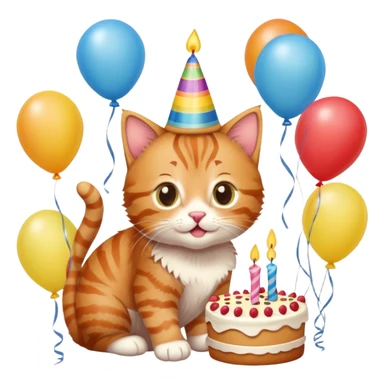 Ginger tabby kitten celebrates birthday, birthday hat, birthday cake, one candle, balloons, happy, gifts sticker