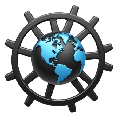 Minimal black line icon of a gear and globe, with circuit-style connected nodes, flat vector style, thin stroke, white background, representing global system configuration and connectivity. sticker
