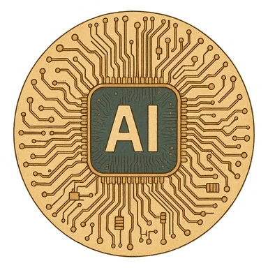 circular computer chip with 'AI' in the center, intricate circuit lines sticker
