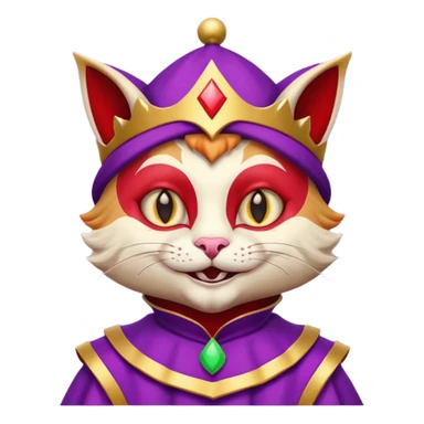 crazy colorful cute little cat jolly joker from poker, medieval, vintage, court jester, mac os icon, purple, gold and red color, half body sticker